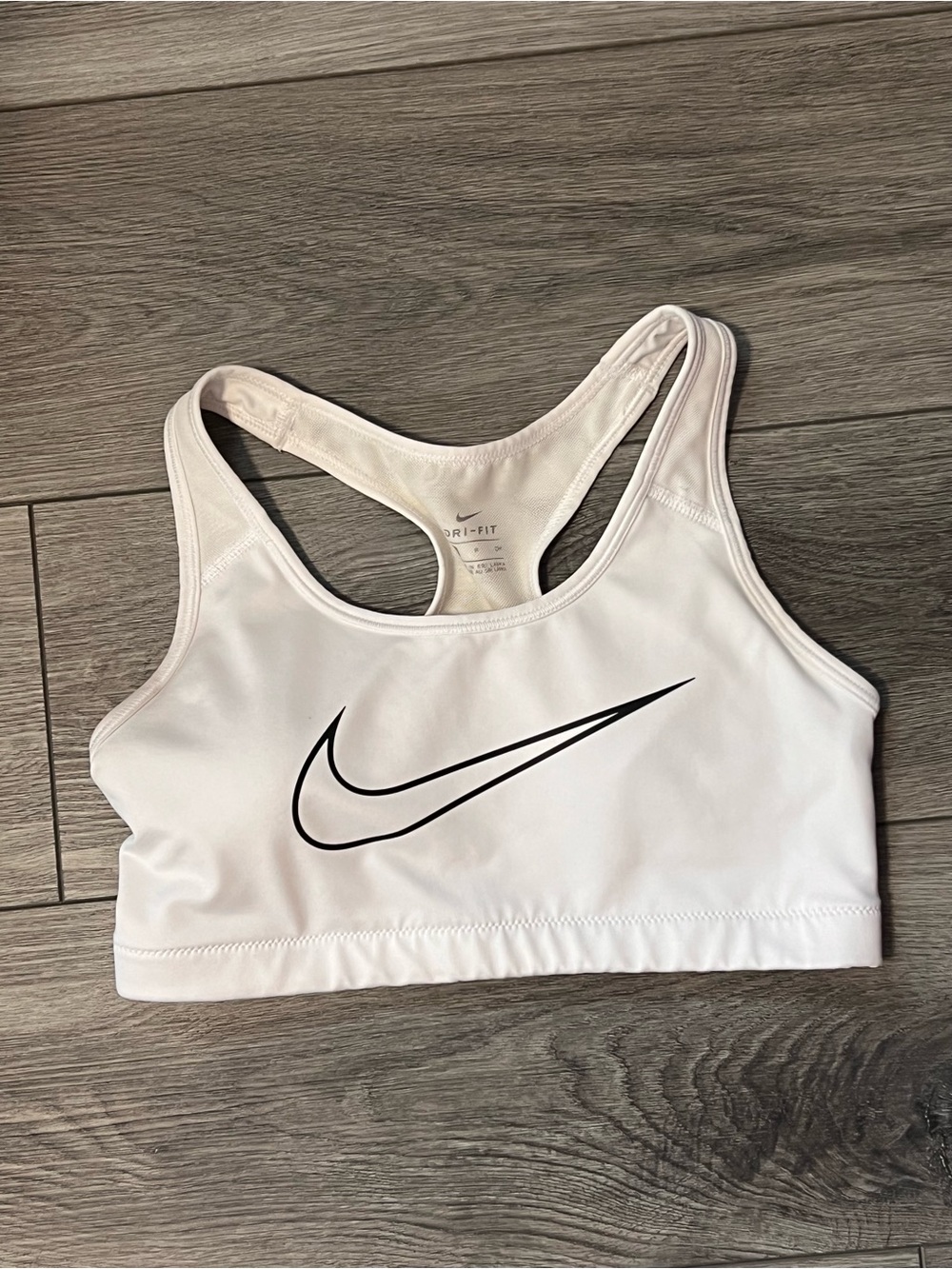 Nike White Dri‑FIT Racerback Sports Bra with Black Swoosh